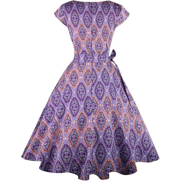 Women's 1950 Boatneck Cap Sleeve Vintage Swing Cocktail Party Dress with Pockets - Picture 4 of 6